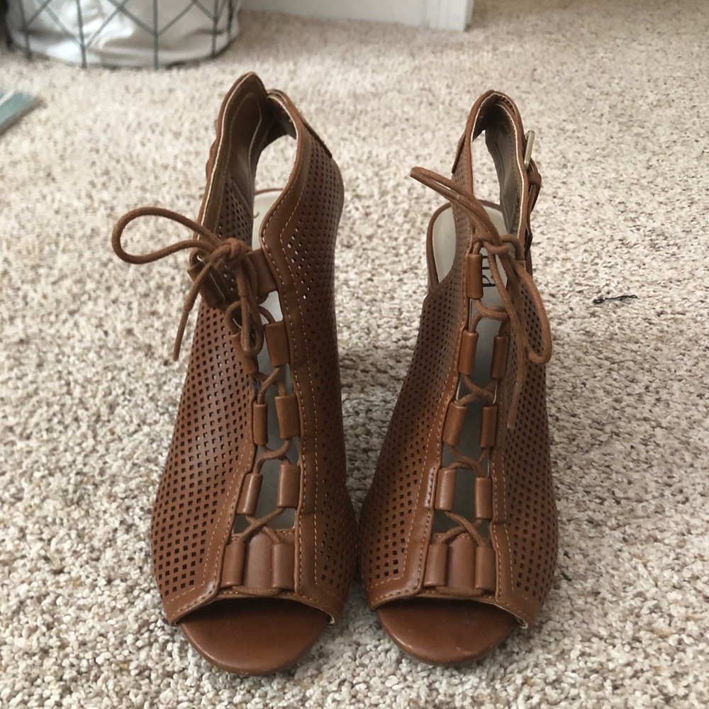 Brown Open Toe Lace Up Booties